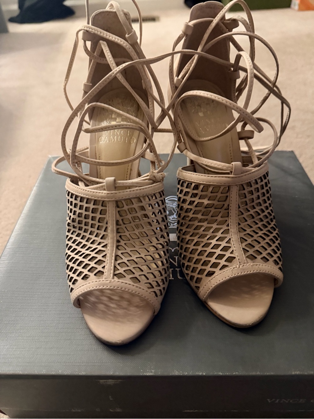 Vince Camuto Nude Beige Lattice Lace-Up Heels